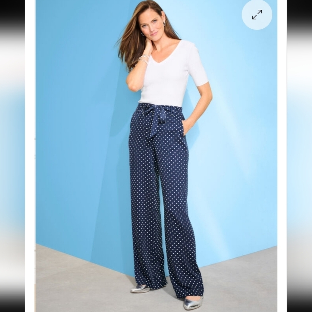Talbots Elastic Waist Tie Front Navy Polka Dot Palazzo Pants Size Med